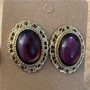 purple cabochon goldtone Filagree postback earrings chunky vintage vibe